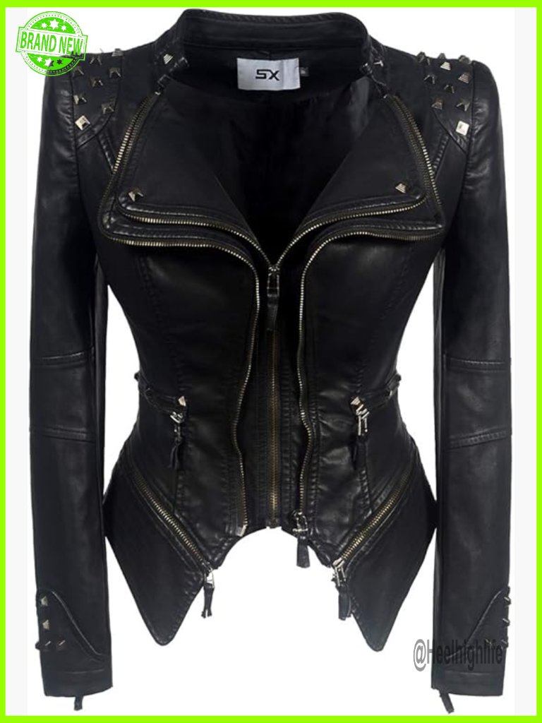Faux Leather Motorcycle Jacket With Rivets And Dovetail Design